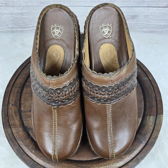 Ariat Brown Leather Clogs Embossed Detail Womens Sz 6.5 Western Comfort - Picture 6 of 9